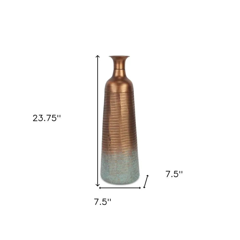 24" Copper And Teal Abstract Tapered Metal Table Vase HomeRoots