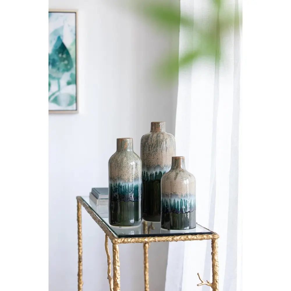 Set of Three Beige Blue And Green Round Ceramic Table Vase HomeRoots