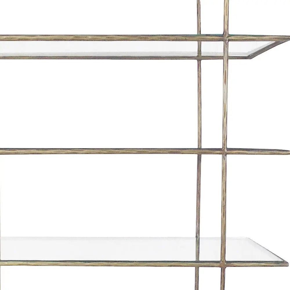 59" Antiqued Gold And Clear Iron and Glass Five Tier Etagere Bookcase - NOBLE HOME INTERIORS