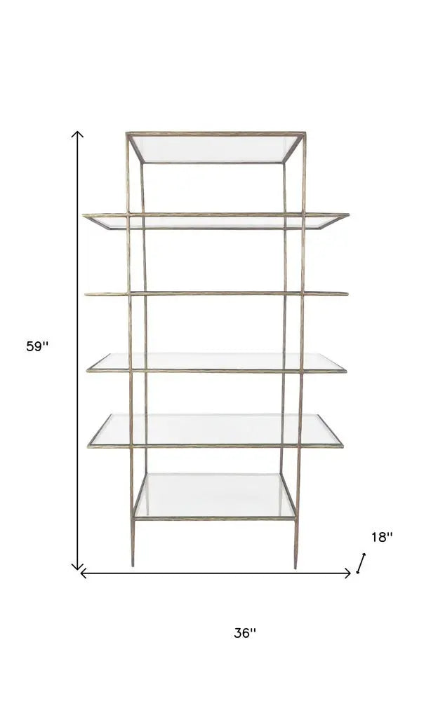 59" Antiqued Gold And Clear Iron and Glass Five Tier Etagere Bookcase - NOBLE HOME INTERIORS