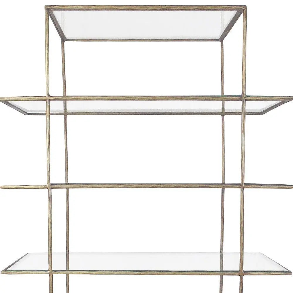 59" Antiqued Gold And Clear Iron and Glass Five Tier Etagere Bookcase - NOBLE HOME INTERIORS