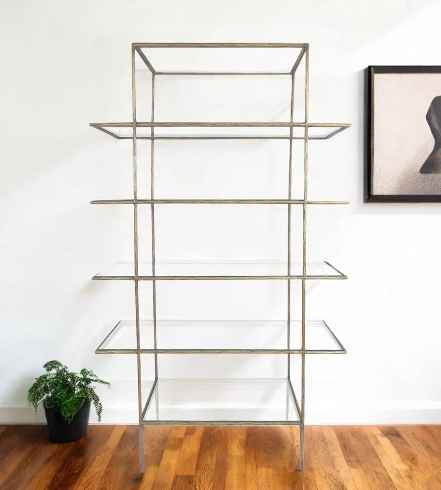 59" Antiqued Gold And Clear Iron and Glass Five Tier Etagere Bookcase - NOBLE HOME INTERIORS