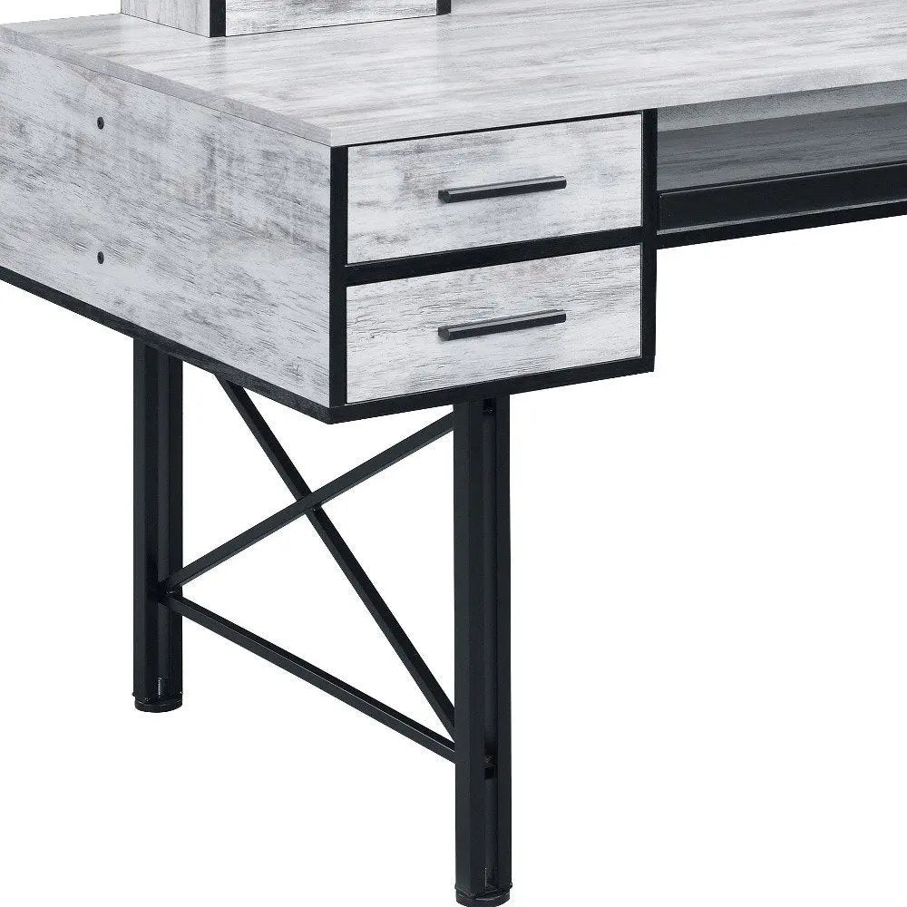 59" Antiqued White and Black Computer Desk With Five Drawers - NOBLE HOME INTERIORS