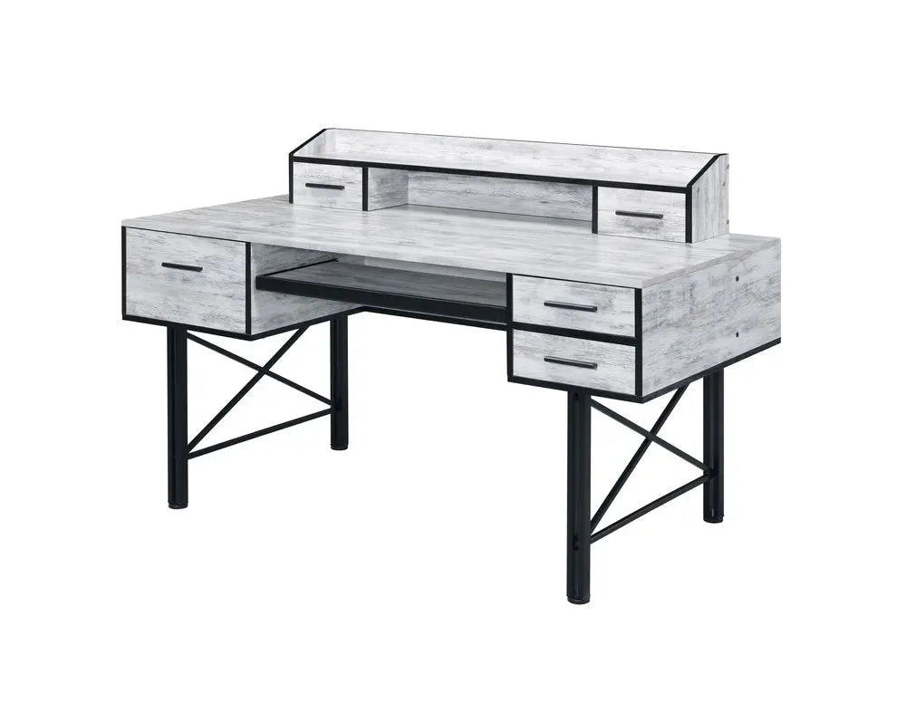 59" Antiqued White and Black Computer Desk With Five Drawers - NOBLE HOME INTERIORS