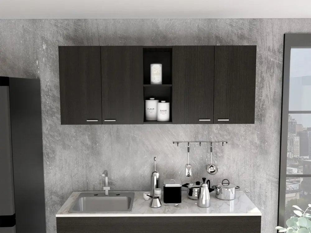 59" Black Wood Wall mounted Accent Cabinet With Five Shelves - NOBLE HOME INTERIORS