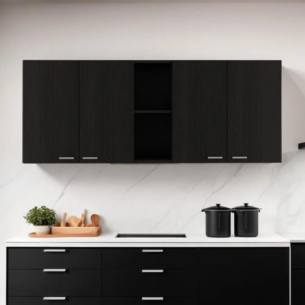 59" Black Wood Wall mounted Accent Cabinet With Five Shelves - NOBLE HOME INTERIORS