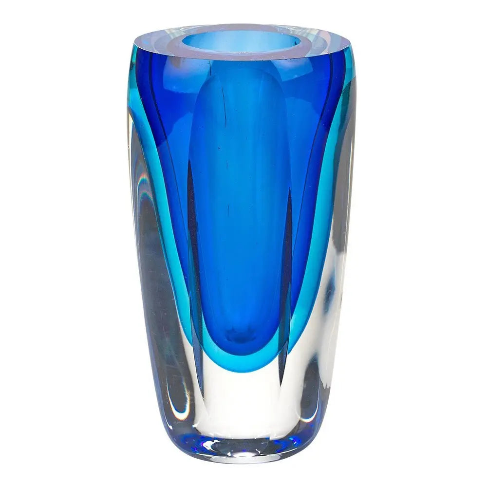 6" Blue And Clear Cylinder Crystal Glass Table Vase - NOBLE HOME INTERIORS