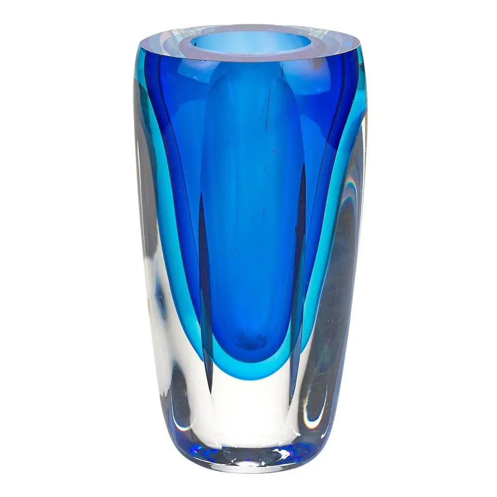 6" Blue And Clear Cylinder Crystal Glass Table Vase - NOBLE HOME INTERIORS