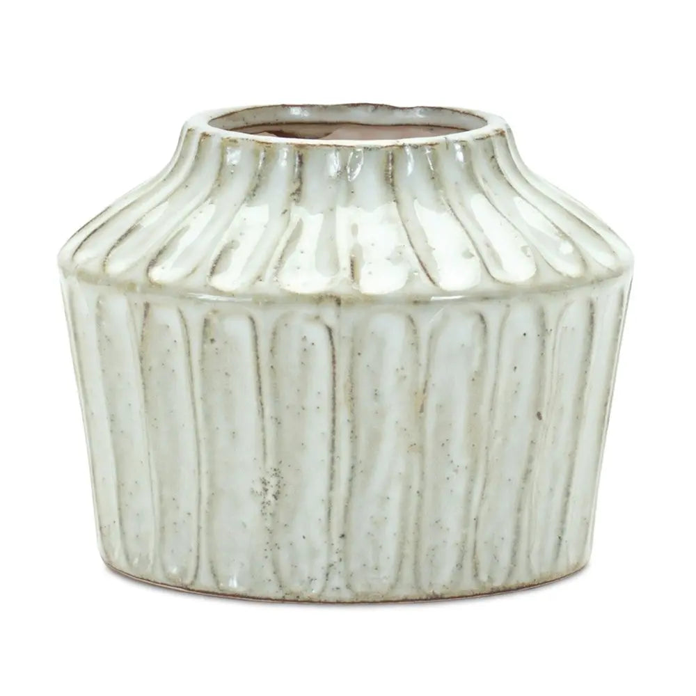 6" Ivory Ribbed Round Terracotta Table Vase - NOBLE HOME INTERIORS