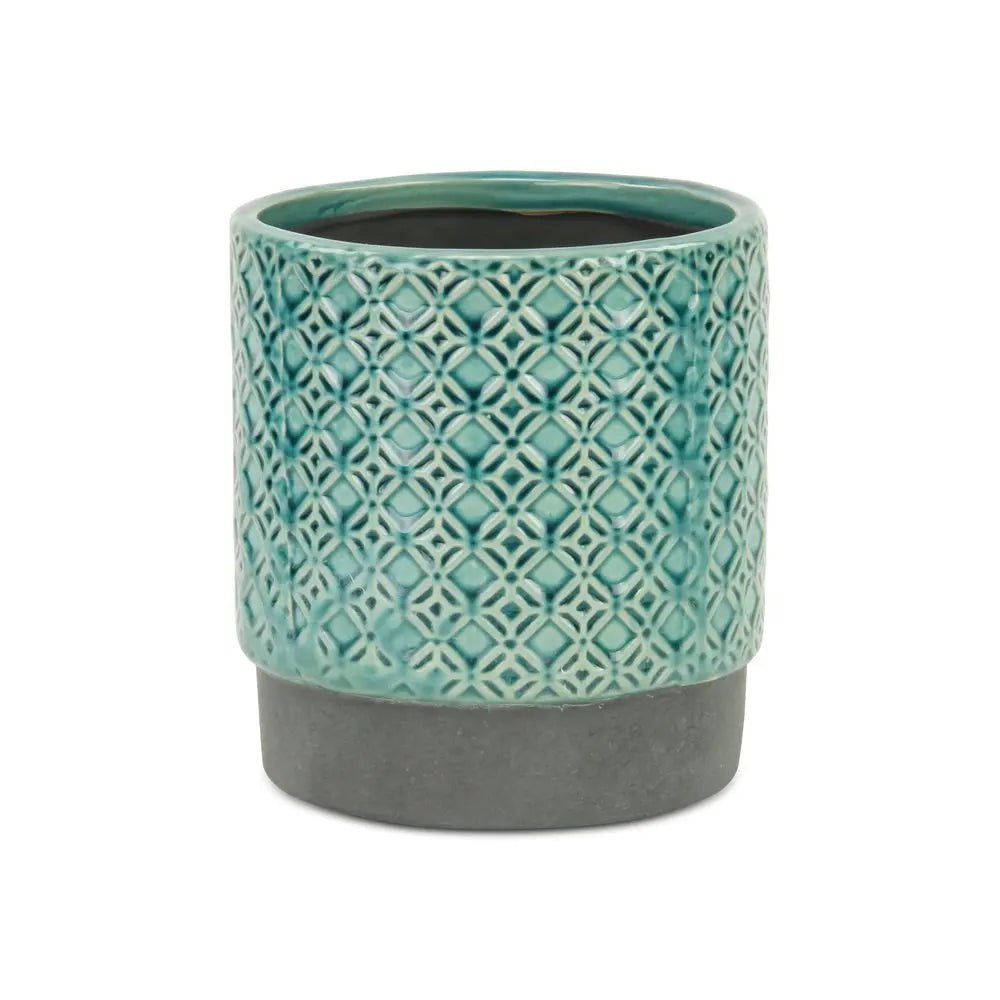 6" Turquoise Geometric Ceramic Indoor Outdoor Round Pot Planter - NOBLE HOME INTERIORS
