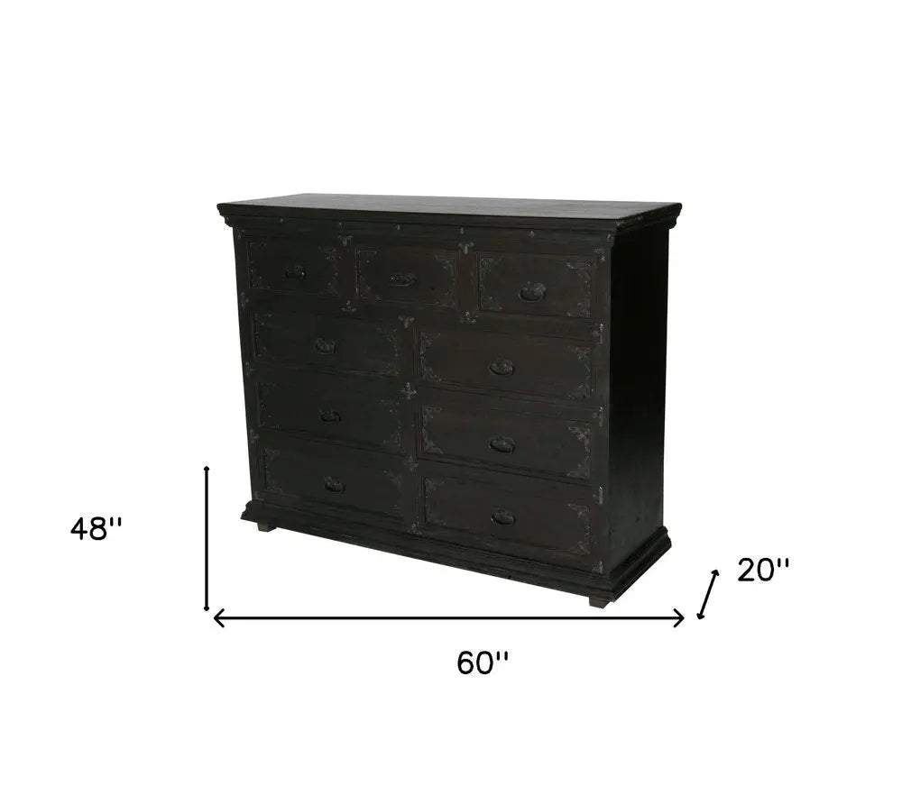 60" Dark Brown Carved Scrollwork Solid Wood Nine Drawer Double Dresser - NOBLE HOME INTERIORS