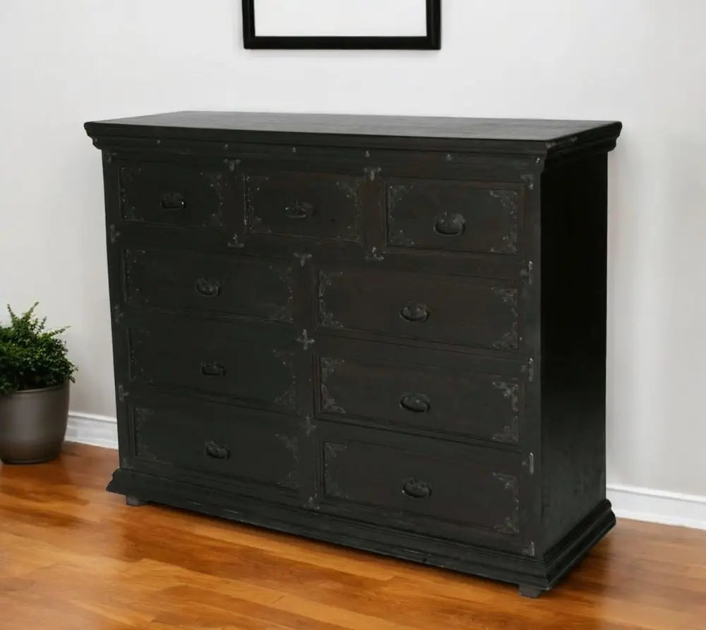 60" Dark Brown Carved Scrollwork Solid Wood Nine Drawer Double Dresser - NOBLE HOME INTERIORS