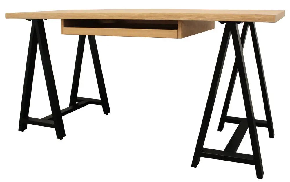 60" Natural and Black Solid Wood and Metal Trestle Executive Desk - NOBLE HOME INTERIORS