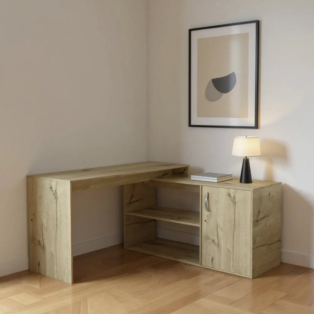60" Natural L Shape Computer Desk With Three Drawers - NOBLE HOME INTERIORS