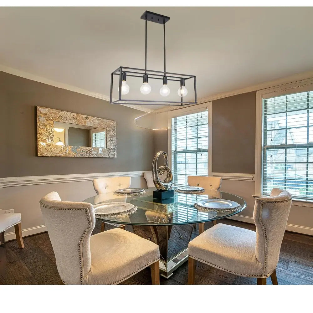 Black Metal Four Light Caged Rectangular Hanging Pendent Light HomeRoots