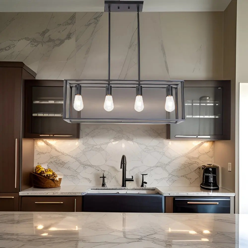 Black Metal Four Light Caged Rectangular Hanging Pendent Light HomeRoots