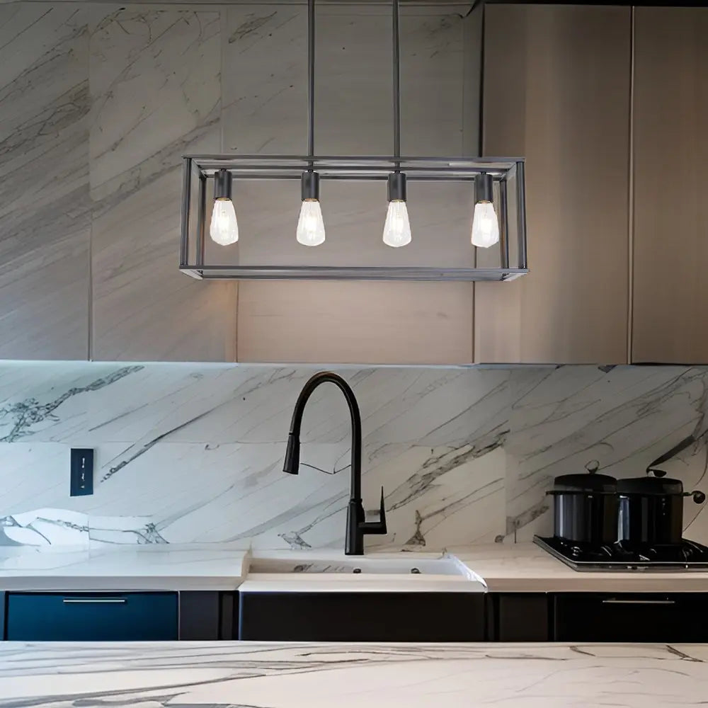 Black Metal Four Light Caged Rectangular Hanging Pendent Light HomeRoots