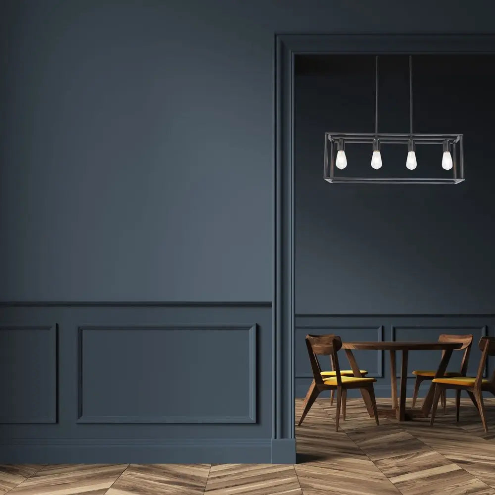 Black Metal Four Light Caged Rectangular Hanging Pendent Light HomeRoots