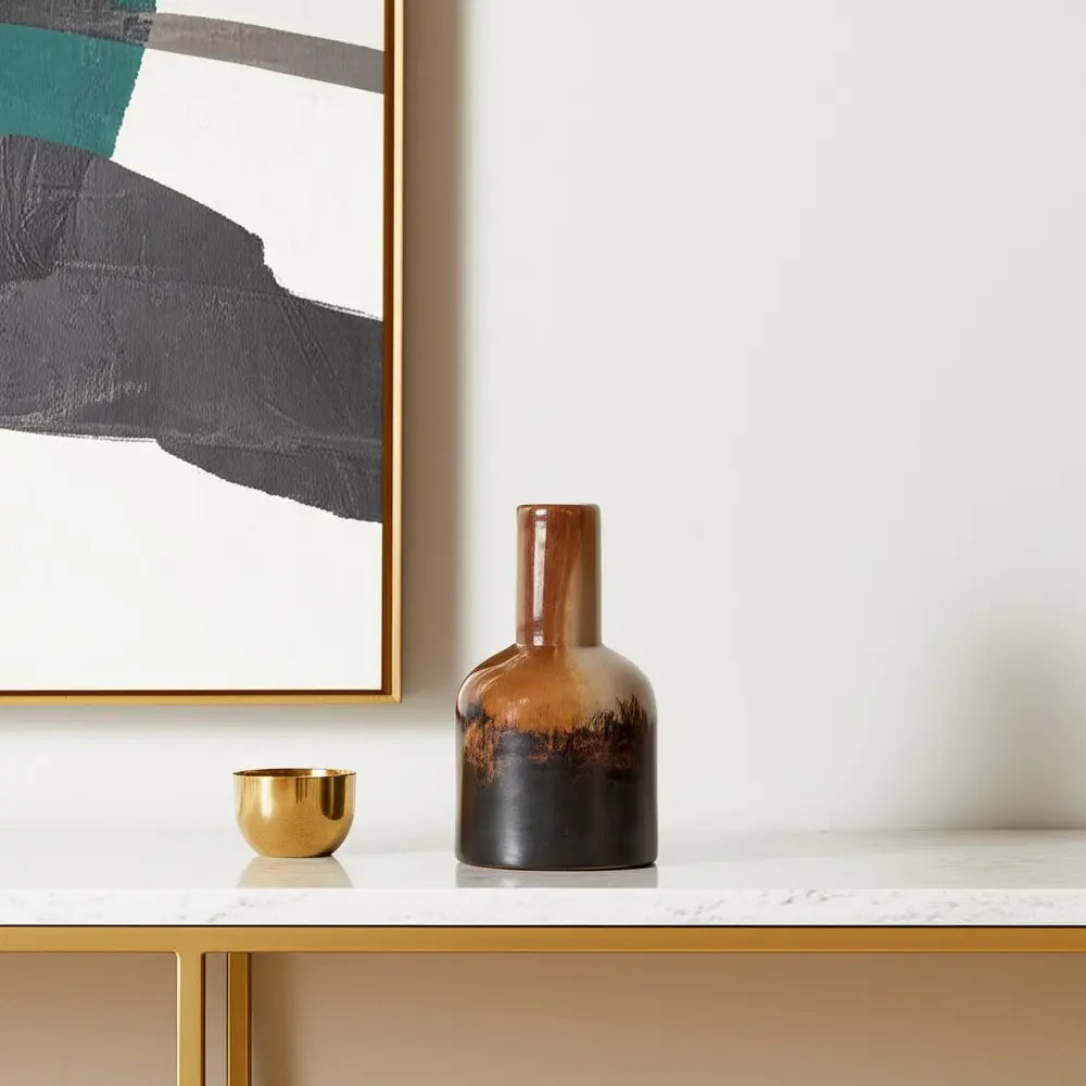 9" Amber Cream And Dark Brown Abstract Tulip Glass Table Vase HomeRoots