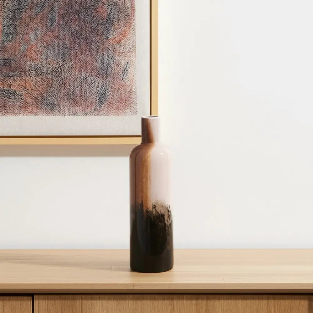 11" Amber Cream And Dark Brown Abstract Glass Table Vase HomeRoots