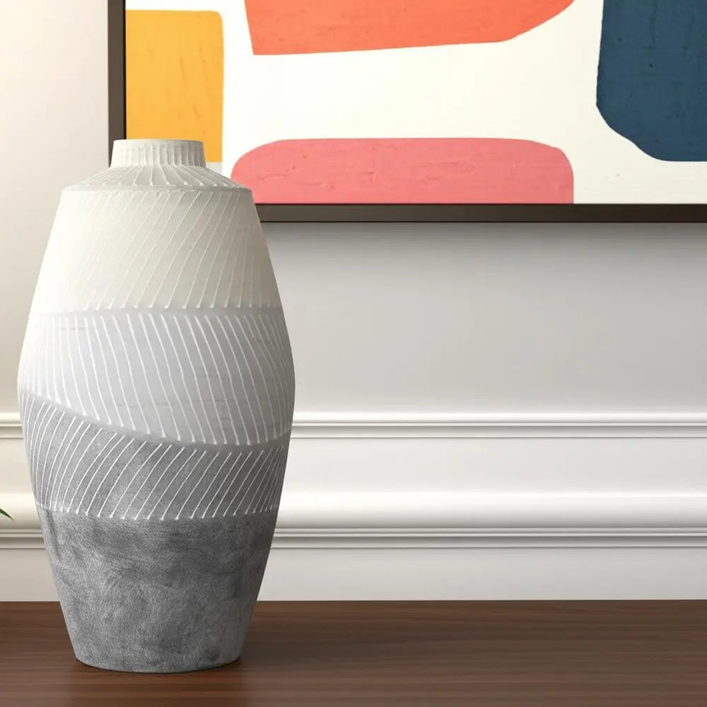 17" Cream And Gray Geometric Ceramic Table Vase HomeRoots
