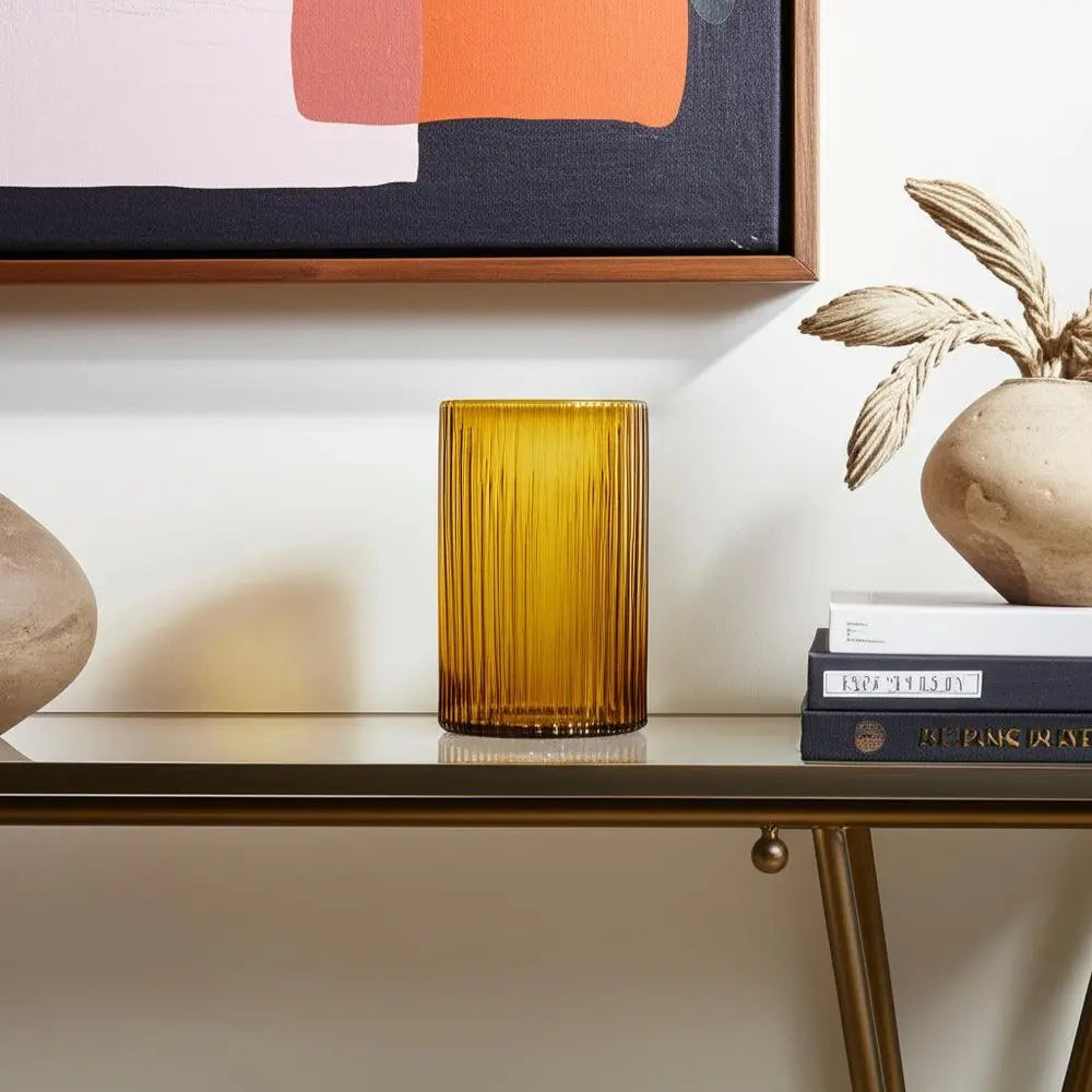 8" Amber Cylinder Ribbed Glass Table Vase HomeRoots