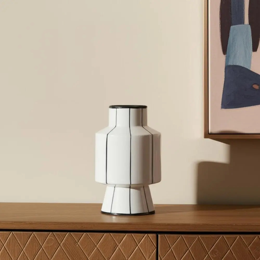 13" White And Black Striped Ceramic Cylinder Table Vase HomeRoots