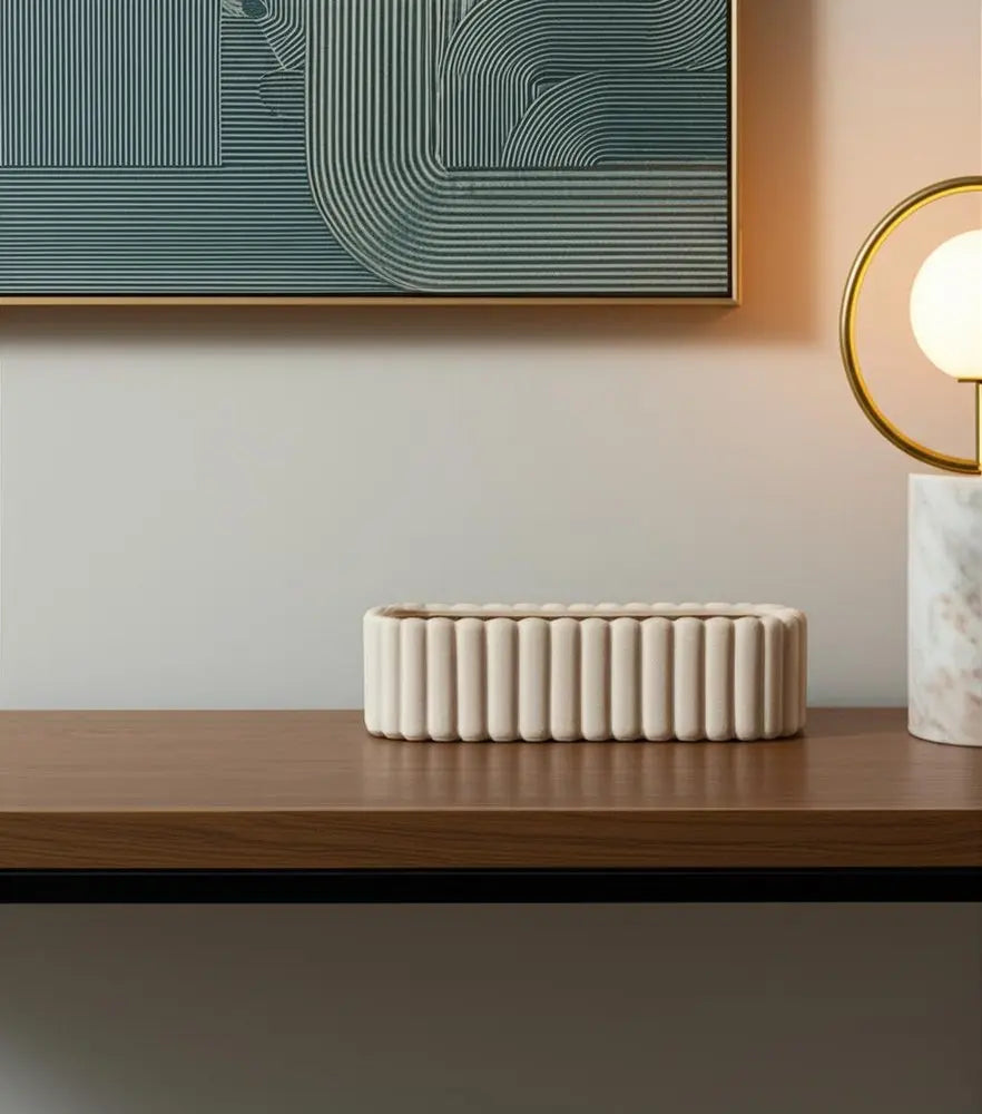 6" Beige Oval Ceramic Ribbed Texture Table Vase HomeRoots