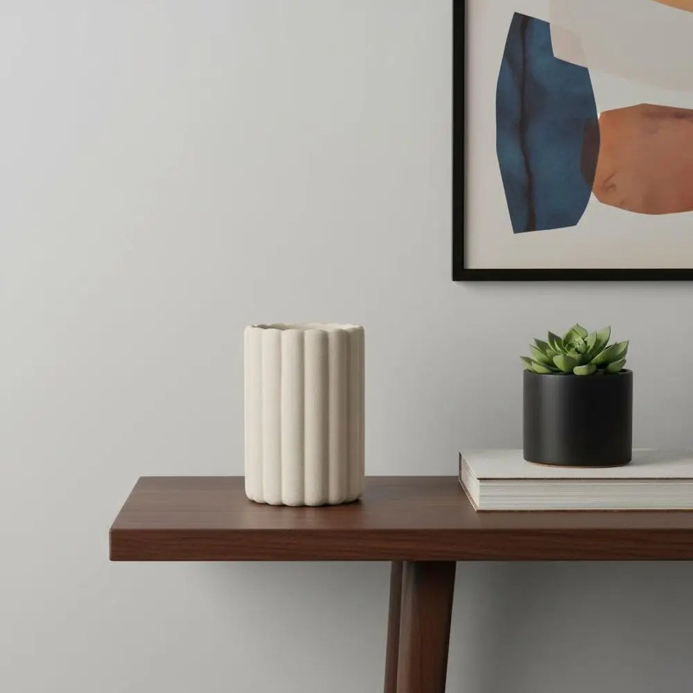 11" Beige Cylinder Ribbed Texture Ceramic Table Vase HomeRoots