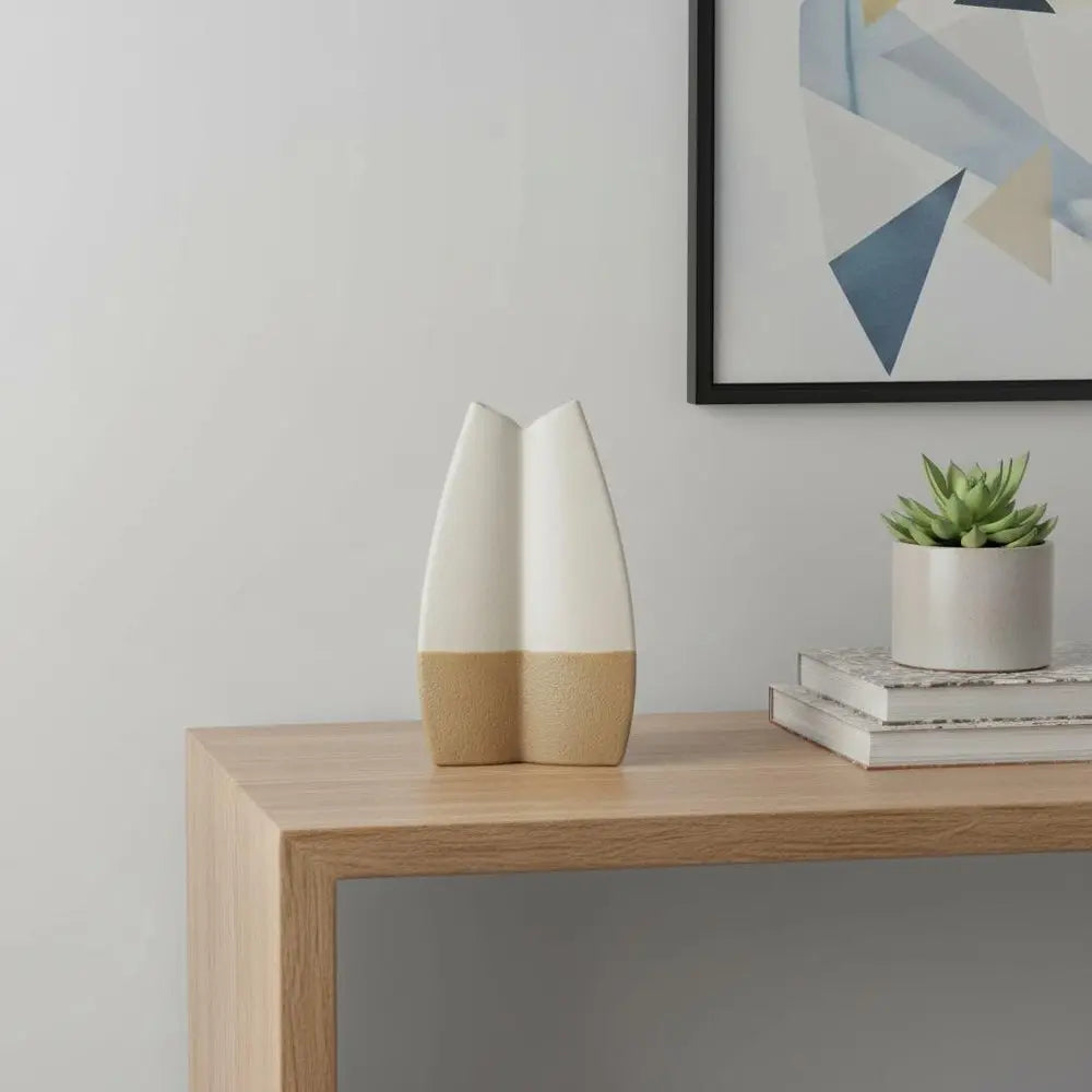 16" Cream And Beige Color Block Ceramic Table Vase HomeRoots