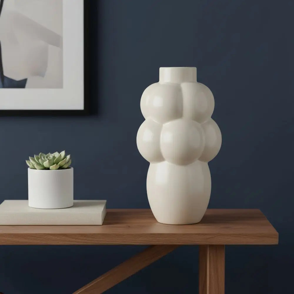 14" Cream Ceramic Bulbous Table Vase HomeRoots