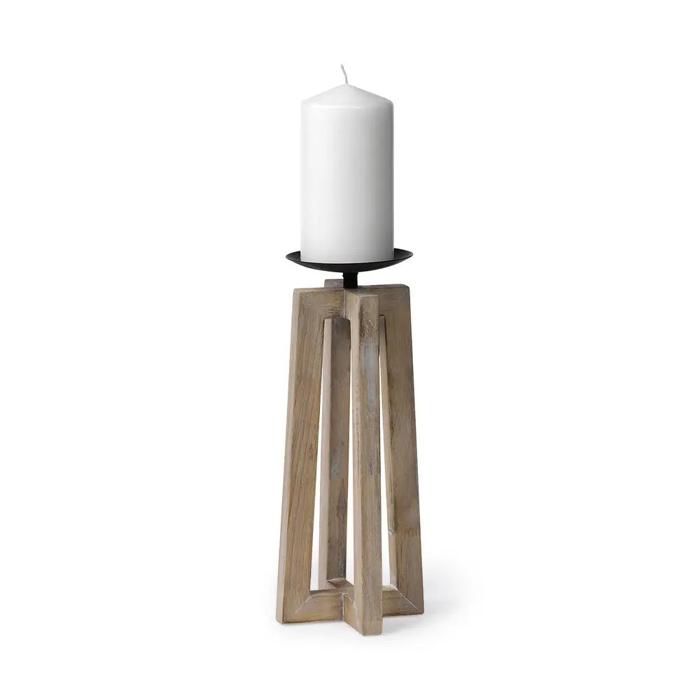 12" Light Brown Distressed Geometric Solid Wood And Metal Tabletop Pillar Candle Holder HomeRoots