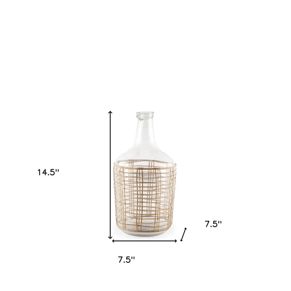 15" Clear And Natural Glass Bottle Floor Vase With Wrapped Rattan HomeRoots