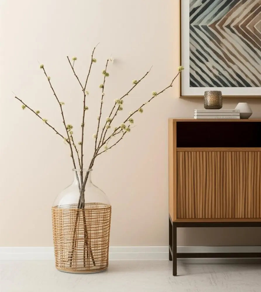 20" Clear And Natural Glass Bottle Floor Vase With Wrapped Rattan HomeRoots