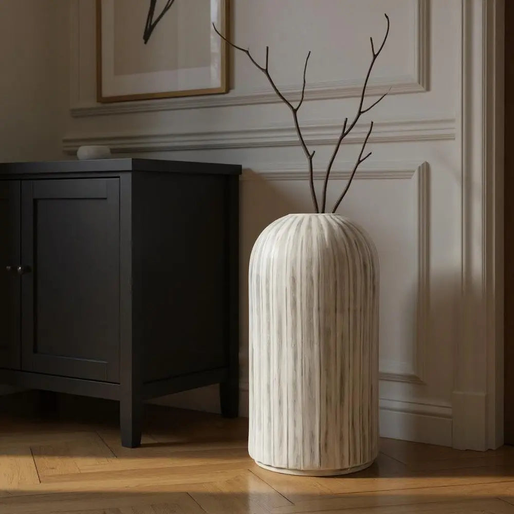 21" Gray And White Striped Cylinder Ceramic Floor Vase HomeRoots