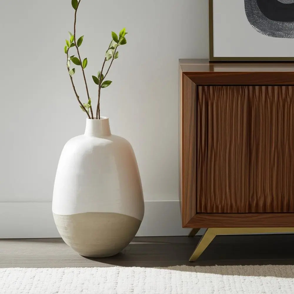 32" Beige And White Color Block Ceramic Round Floor Vase HomeRoots