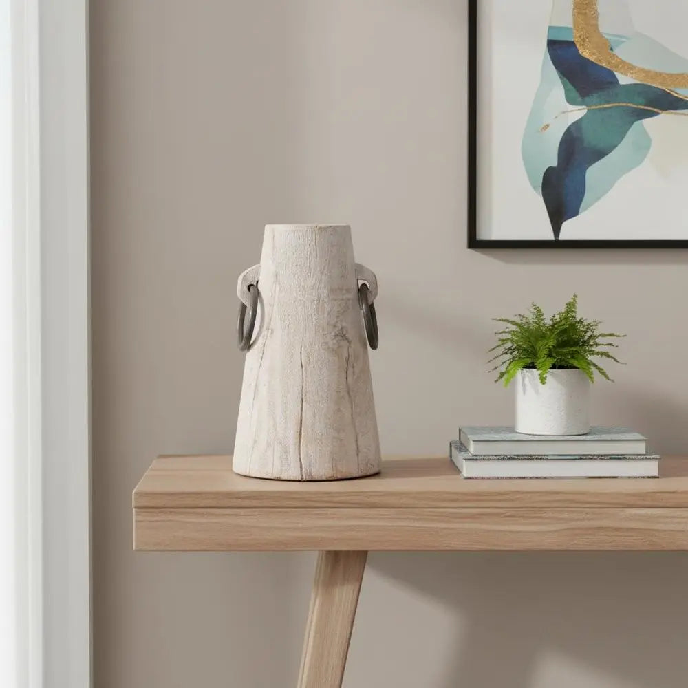 10" Beige Cylinder Solid Wood Jug Vase HomeRoots