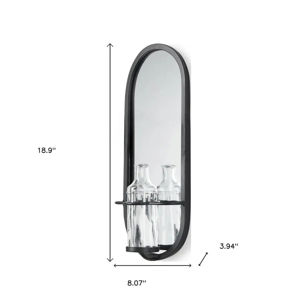 19" Black And Clear Glass Bottle Metal And Mirrored Glass Oval Wall Vase HomeRoots