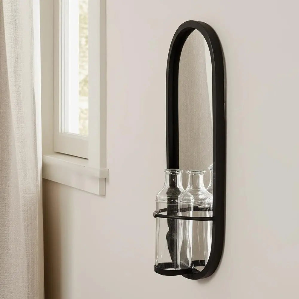 19" Black And Clear Glass Bottle Metal And Mirrored Glass Oval Wall Vase HomeRoots