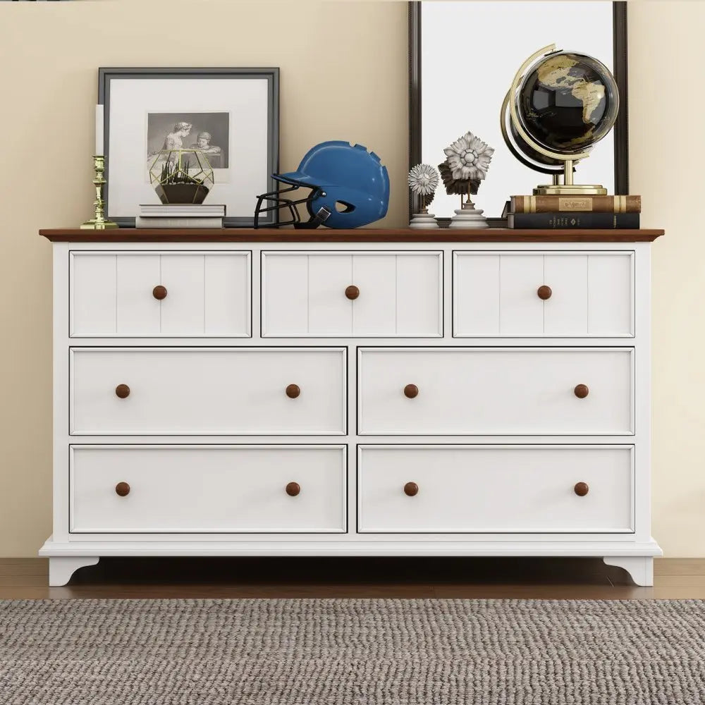 61" White And Walnut Wood Seven Drawer Captains Dresser - NOBLE HOME INTERIORS