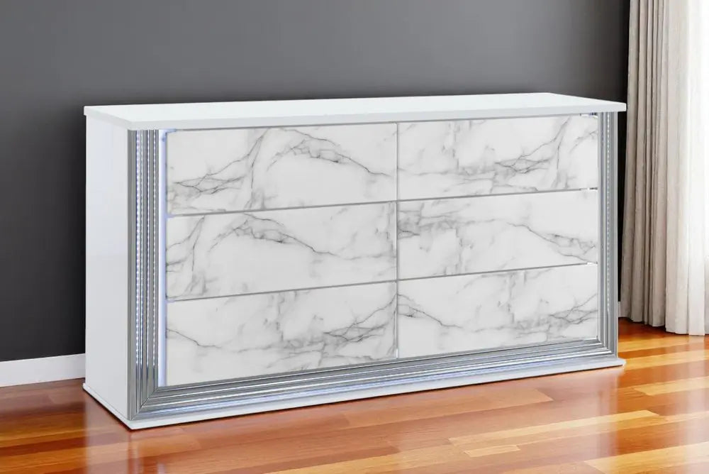 61" White Faux Marble And Wood Lighted Six Drawer Double Dresser - NOBLE HOME INTERIORS