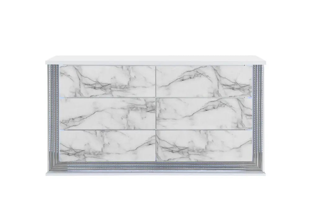 61" White Faux Marble And Wood Lighted Six Drawer Double Dresser - NOBLE HOME INTERIORS