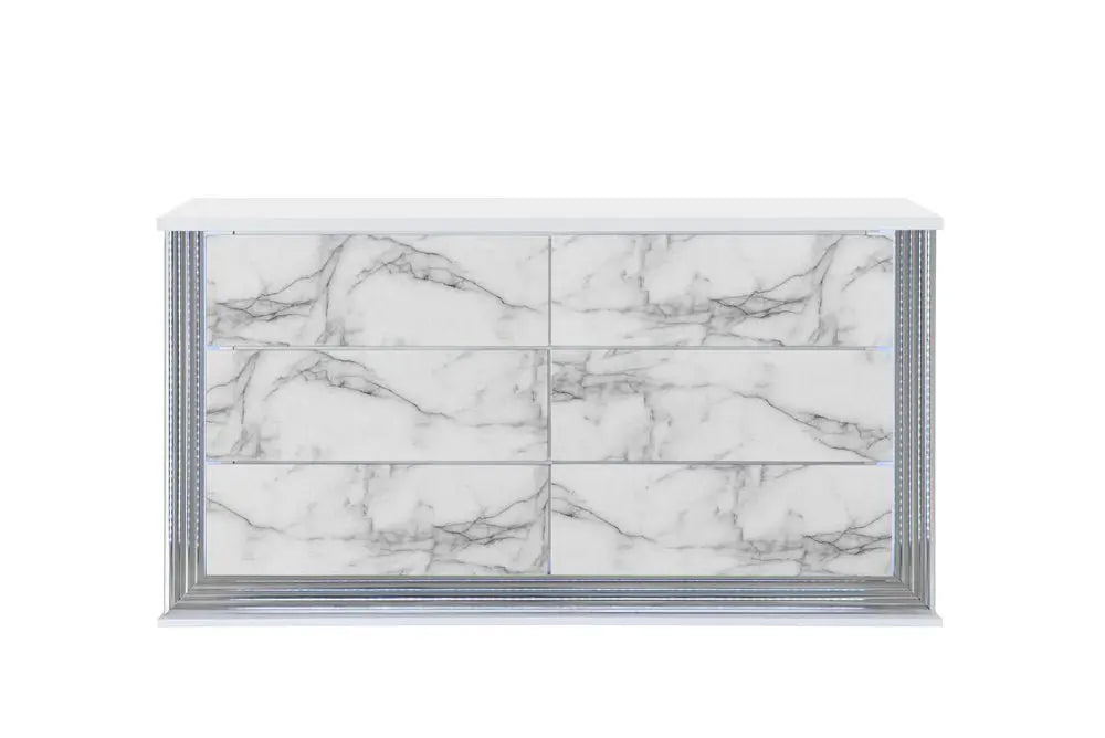 61" White Faux Marble And Wood Lighted Six Drawer Double Dresser - NOBLE HOME INTERIORS