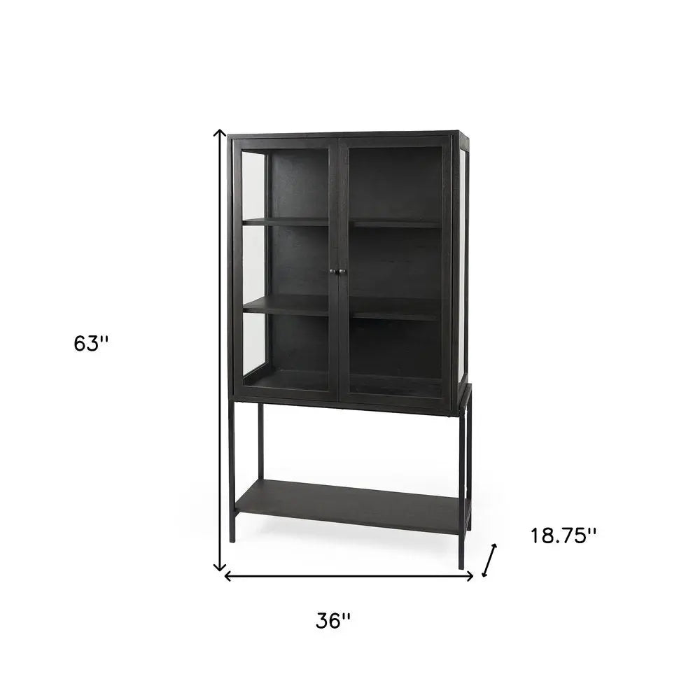 36" Black Solid Wood and Metal Display Cabinet With Two Doors HomeRoots