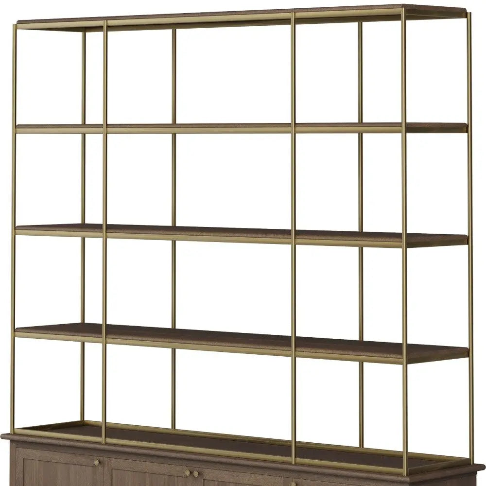 82" Antiqued Brass And Brown Distressed Metal and Solid Wood Four Tier Bookcase with Four Doors HomeRoots