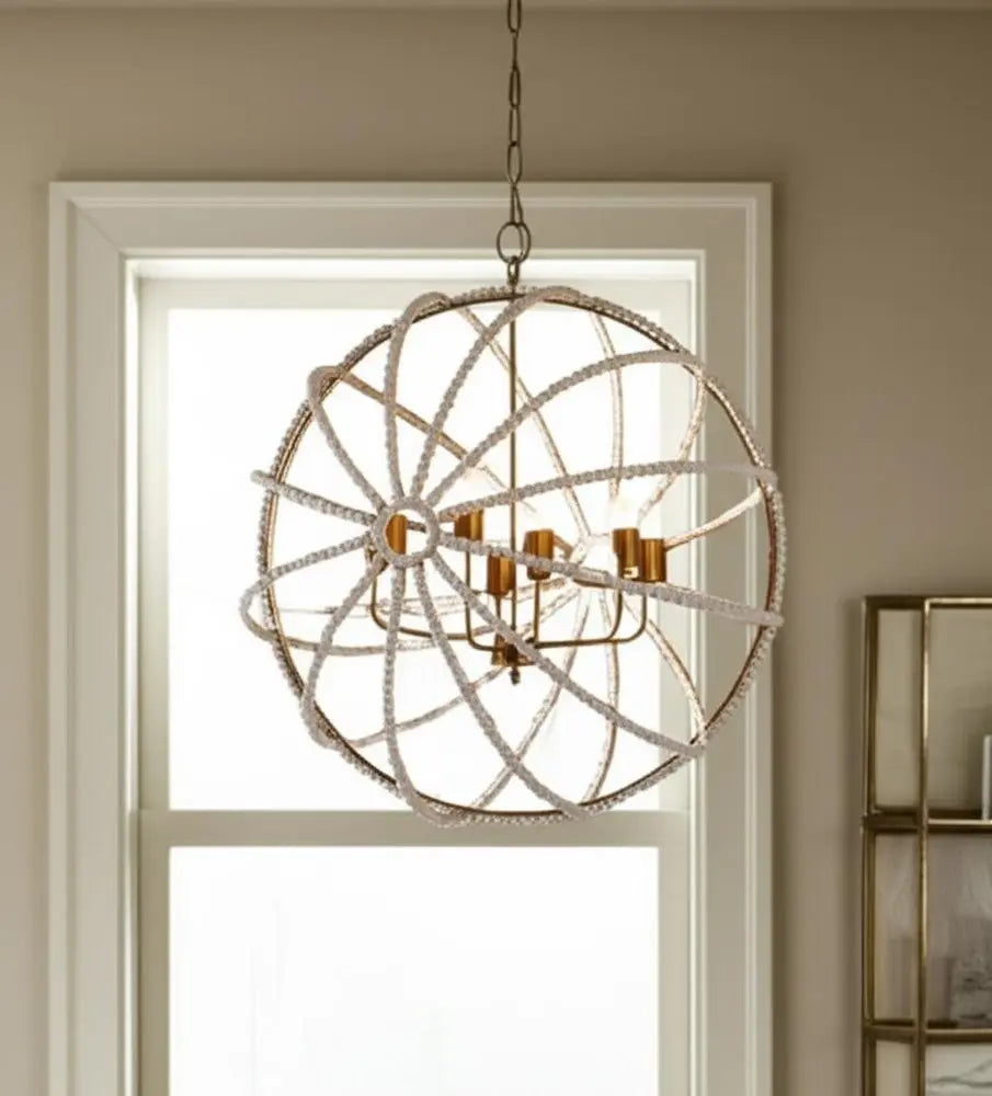 White And Gold Empire Six Light Metal and Beads Dimmable Chandelier HomeRoots