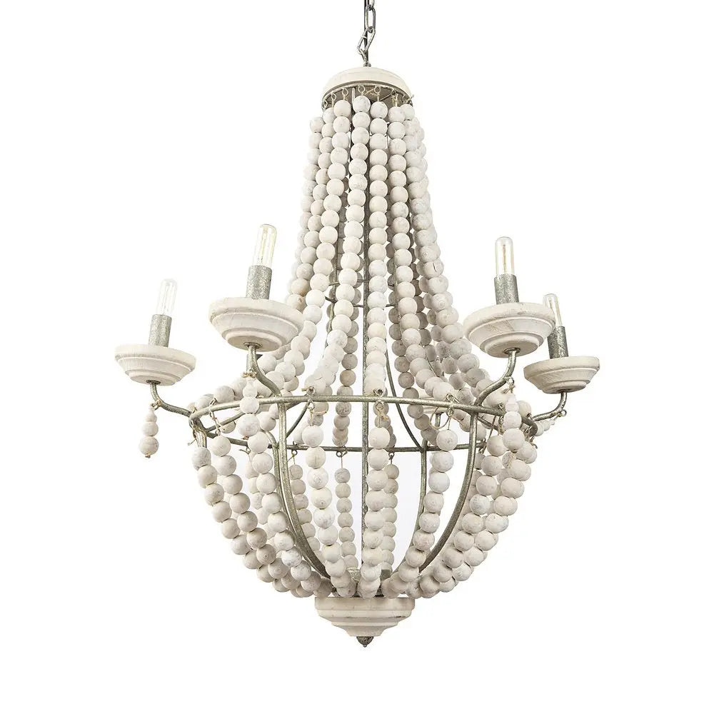 Silver And White Empire Six Light Metal and Beads Dimmable Chandelier HomeRoots