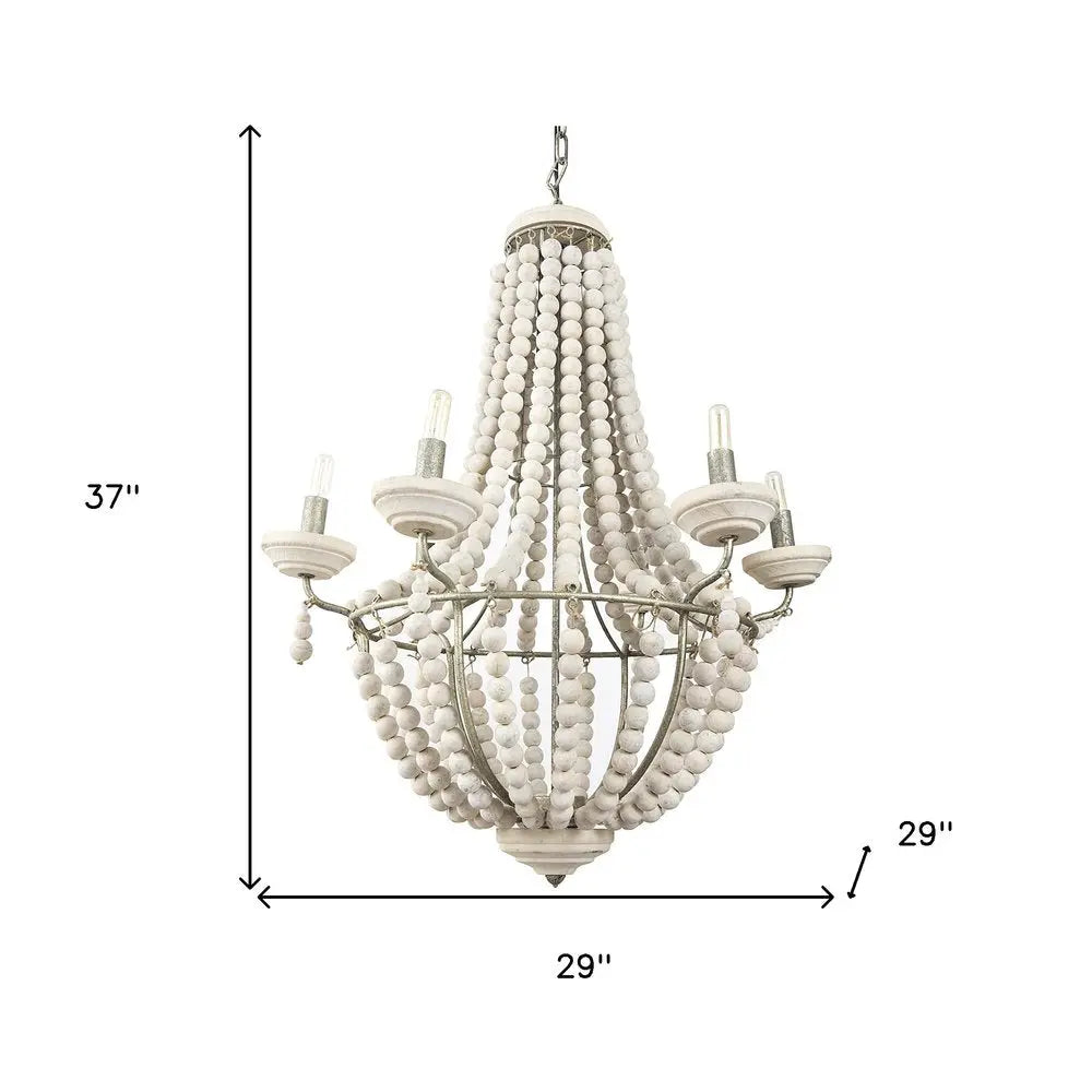 Silver And White Empire Six Light Metal and Beads Dimmable Chandelier HomeRoots