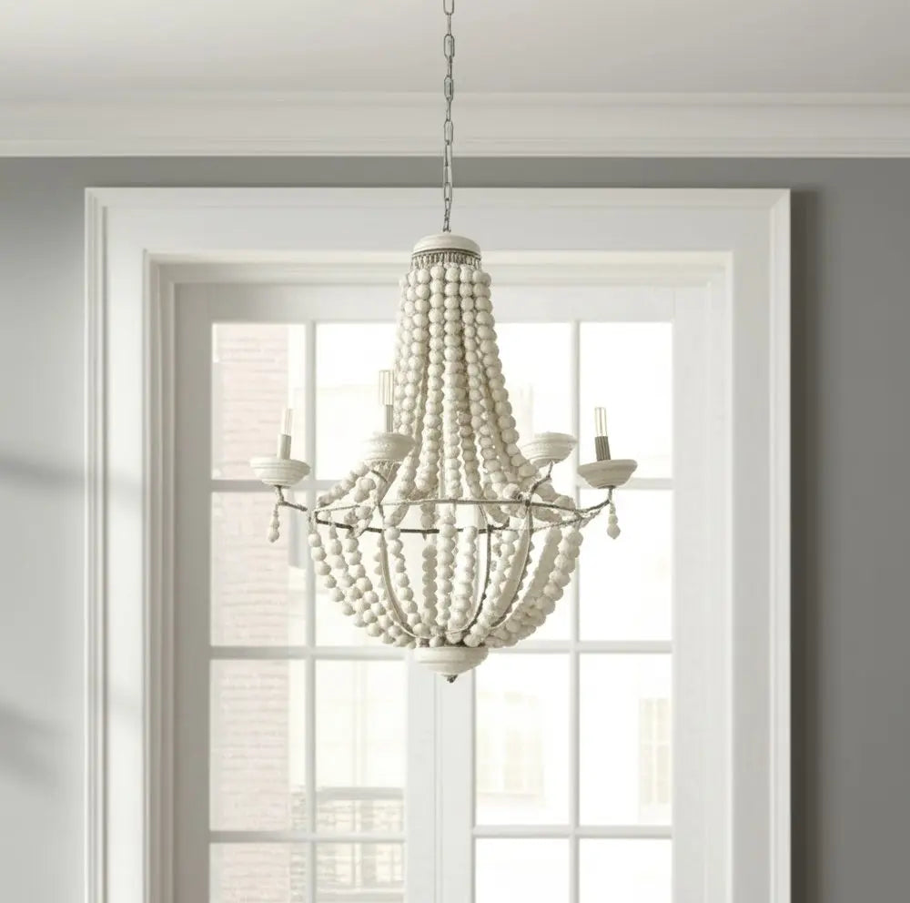 Silver And White Empire Six Light Metal and Beads Dimmable Chandelier HomeRoots