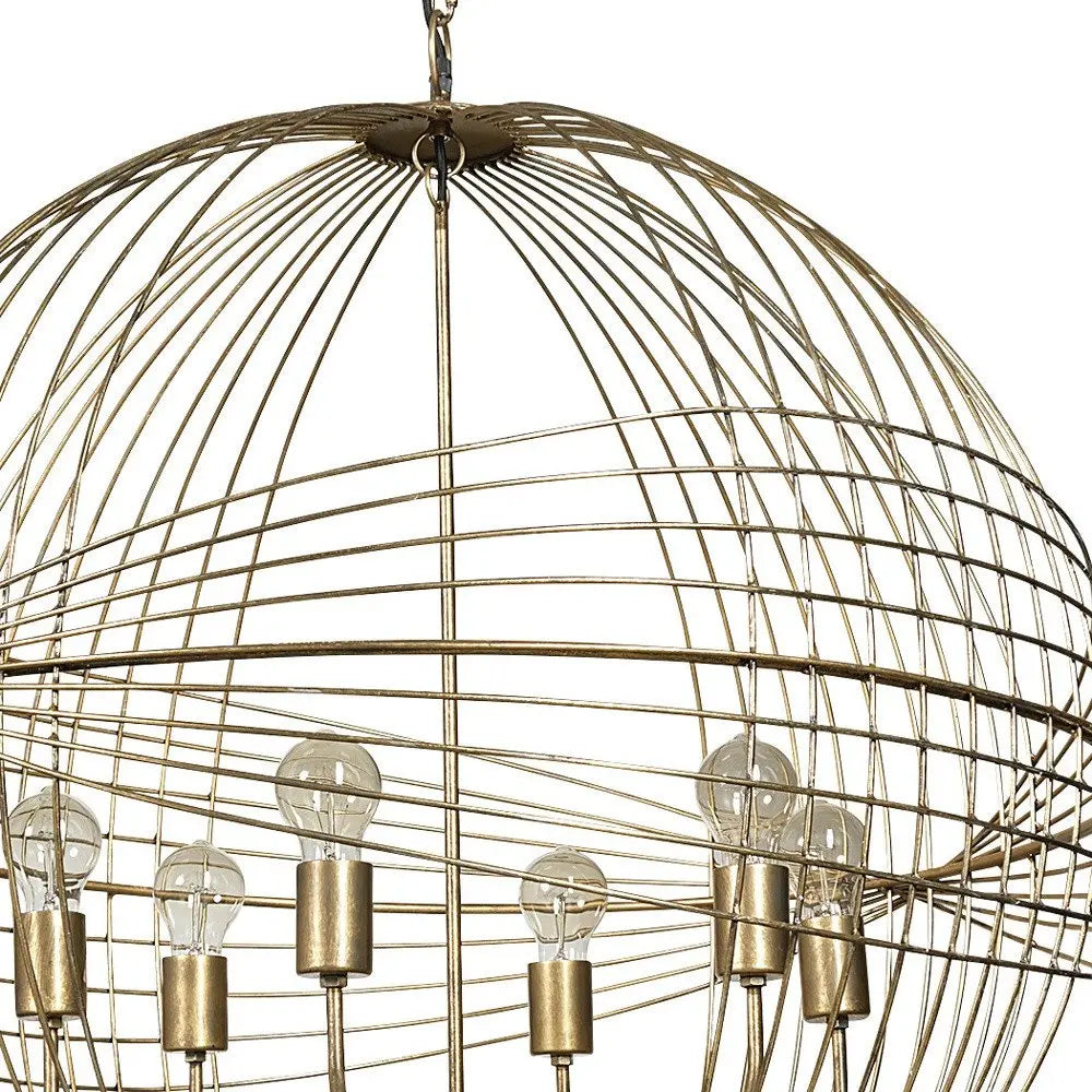 Gold Caged Six Light Metal and Glass Dimmable Chandelier With Gold Shades HomeRoots